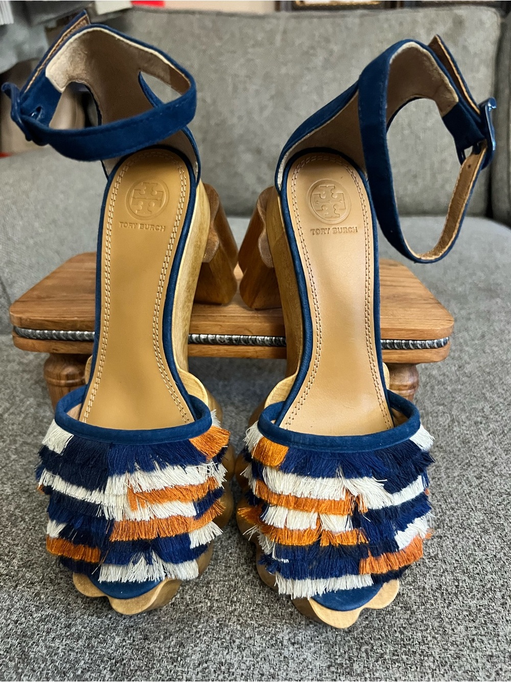 Tory Burch Navy, Orange & White Fringed Block Heel Sandals - Picture 3 of 6